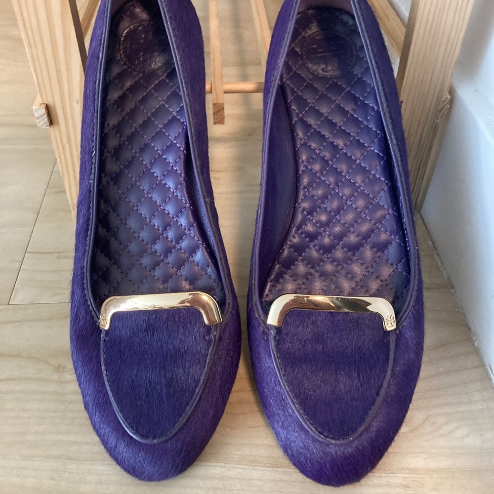 Used Tory Burch purple calf hair flats, size 10